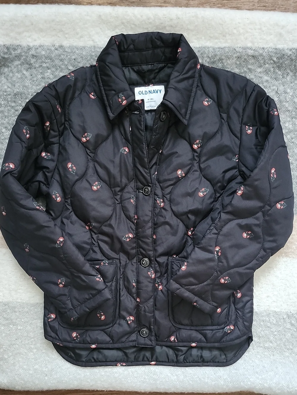 Old Navy Girls Black Quilted Floral Barn Jacket, Size Medium (8)